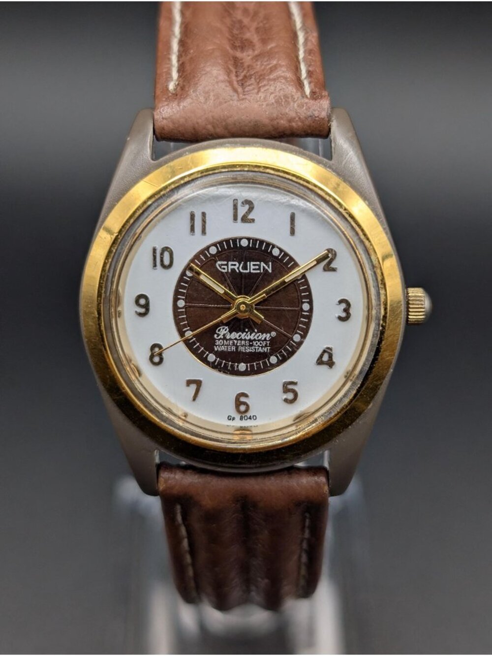 Vintage Gruen Precision Two-Tone Quartz Ladies Watch, Brown Leather Strap